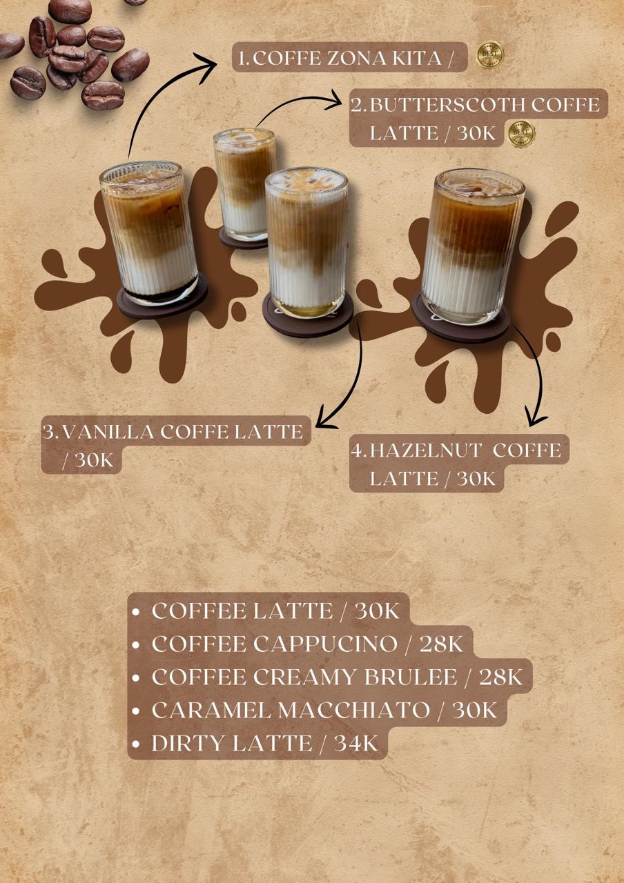 Menu Euforia Cafe: Coffee Latte, dengan nama dan harga tercantum